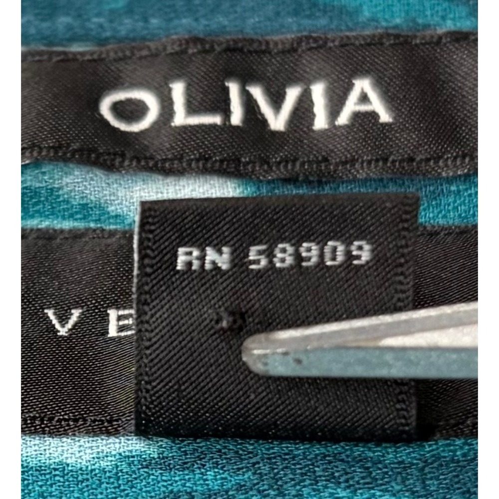 Olivia Investments Teal Black Abstract Print Roll Tab Button Down Blouse Large - Picture 3 of 11